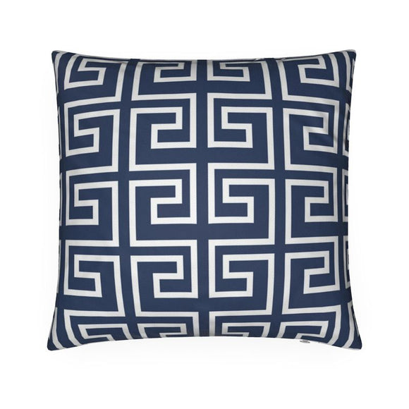 Luxury Twill Cushion – Meandros Pattern – White on Navy