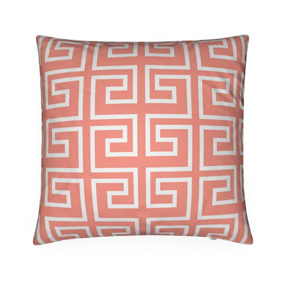 Luxury Twill Cushion – Meandros Pattern – White on Coral