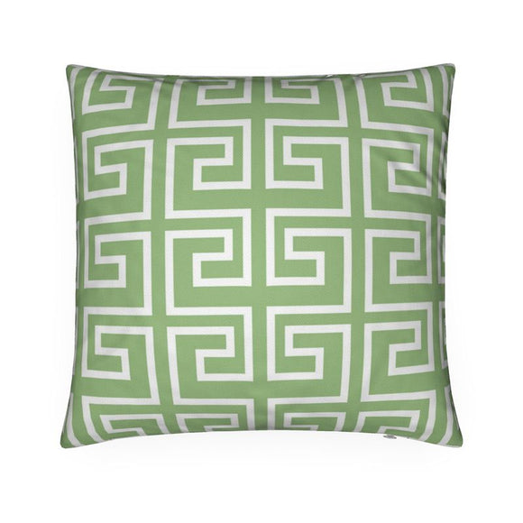 Luxury Twill Cushion - Meandros Pattern - White on Sage Green