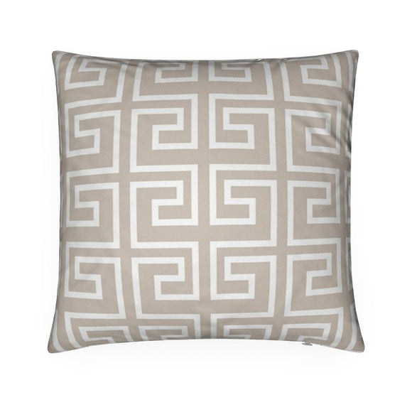 Luxury Twill Cushion - Meandros Pattern - White on Taupe