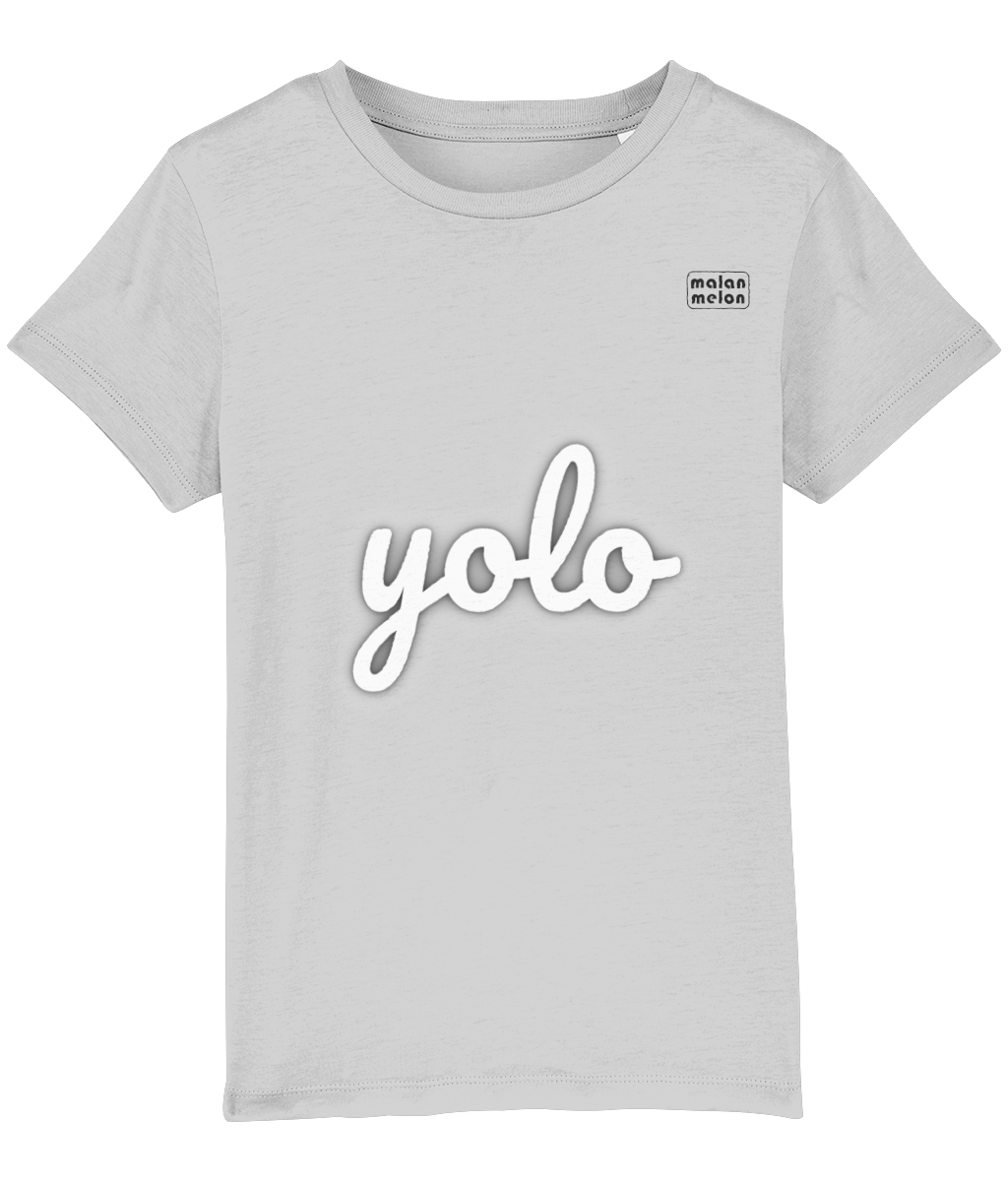 malanmelon - Kids T-Shirt – Organic Cotton – yolo Slogan – White on Multi-Colours