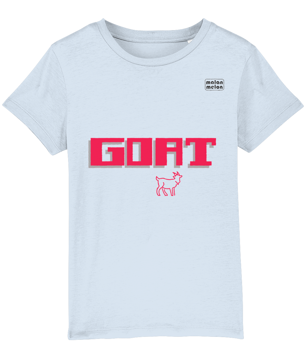 malanmelon - Kids T-Shirt – Organic Cotton – GOAT Slogan – Cerise on Multi-Colours