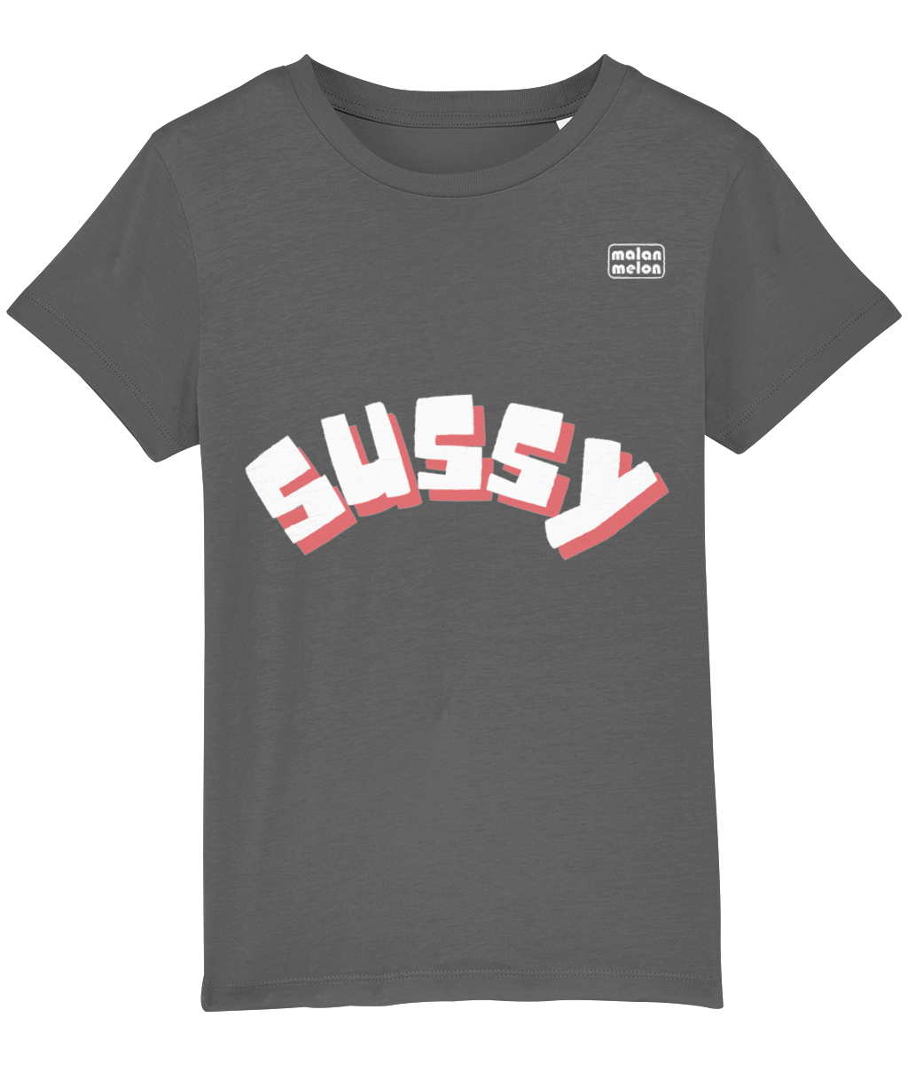 malanmelon - Kids T-Shirt – Organic Cotton – Sussy Slogan - White on Multi-Colours