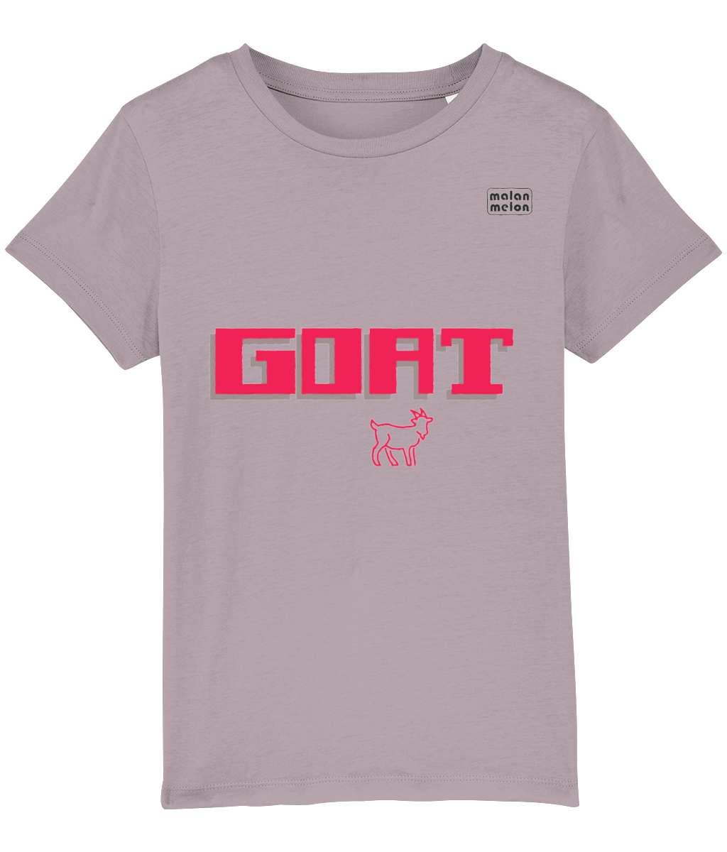 malanmelon - Kids T-Shirt – Organic Cotton – GOAT Slogan – Cerise on Multi-Colours