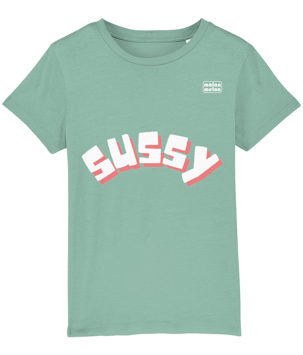 malanmelon - Kids T-Shirt – Organic Cotton – Sussy Slogan - White on Multi-Colours