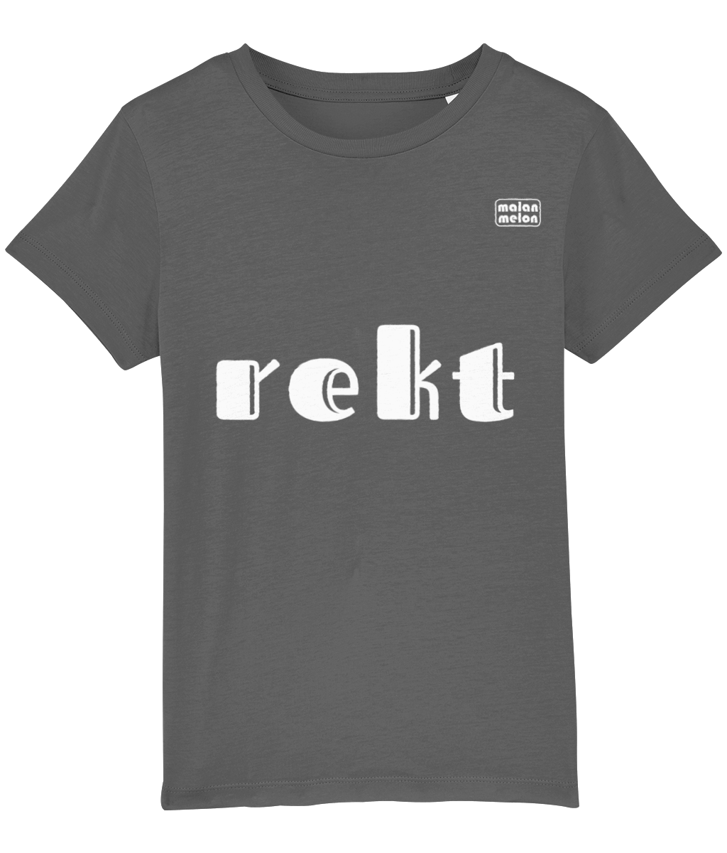 malanmelon - Kids T-Shirt – Organic Cotton – Rekt Slogan – White on Multi-Colours