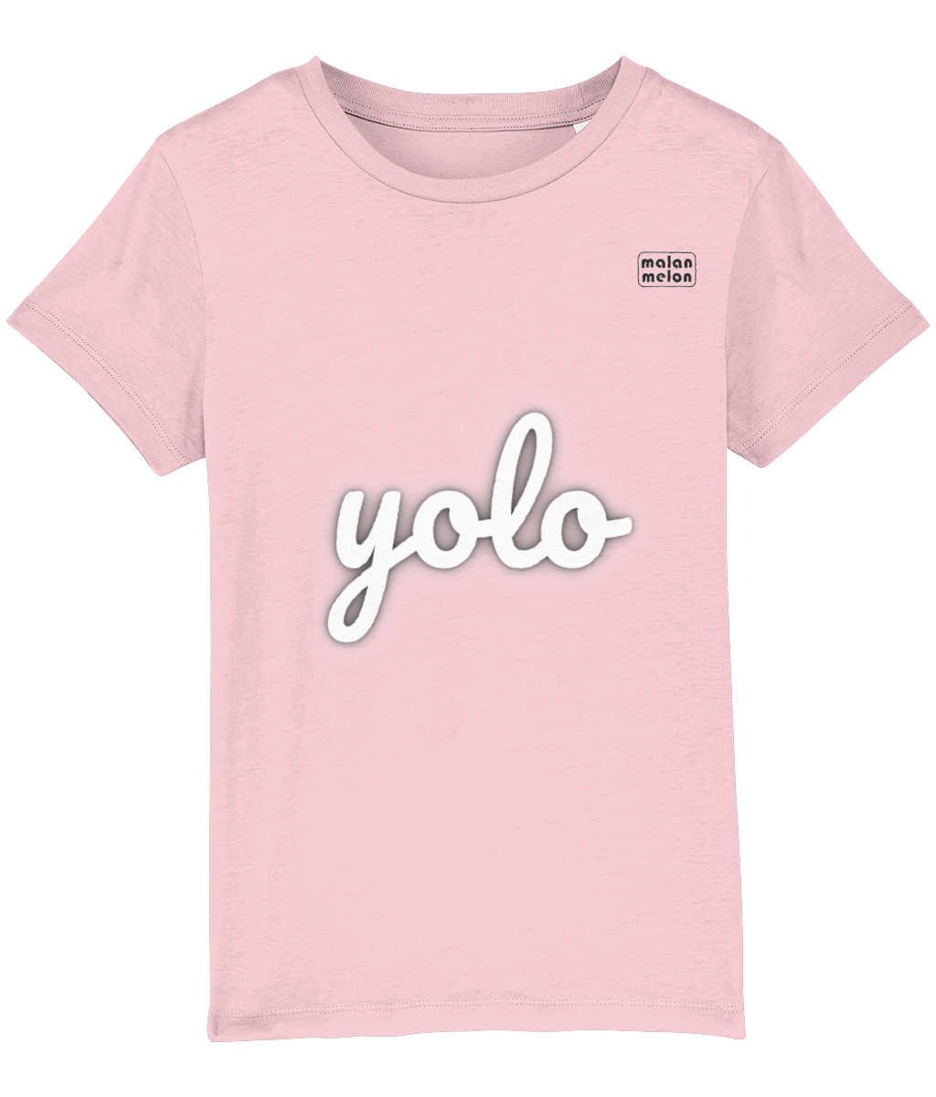 malanmelon - Kids T-Shirt – Organic Cotton – yolo Slogan – White on Multi-Colours
