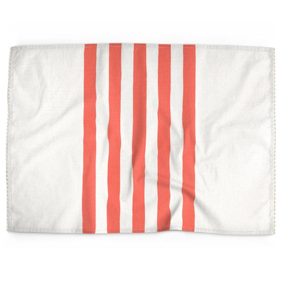 Luxury Cotton-Linen Tea Towel - Coral Stripe on Ivory