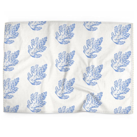 Luxury Cotton-Linen Tea Towel - Pillar Coral Pattern - Cornflower Blue on Ivory