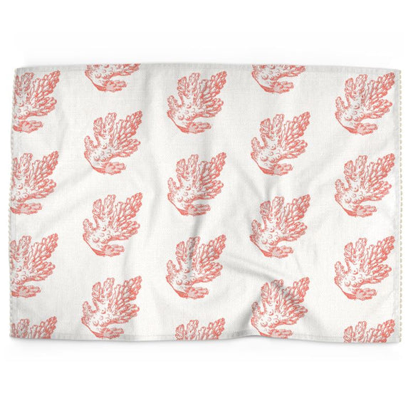 Luxury Cotton-Linen Tea Towel - Pillar Coral Pattern - Coral on Ivory