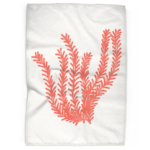 Luxury Cotton-Linen Tea Towel - Seagrass - Coral on Ivory