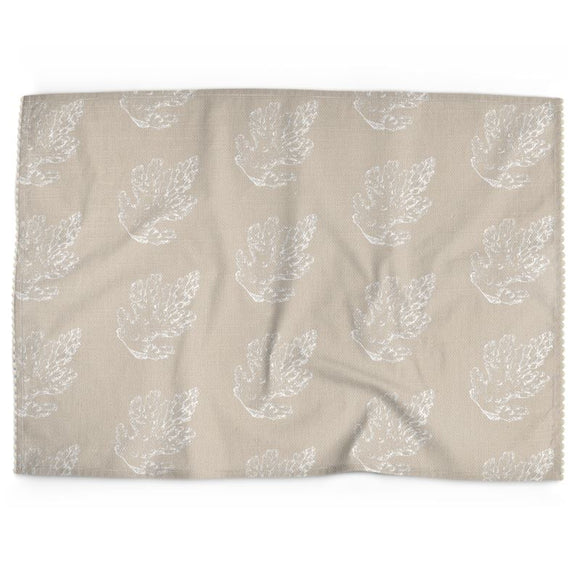 Luxury Cotton-Linen Tea Towel - Pillar Coral Pattern - Warm White on Taupe