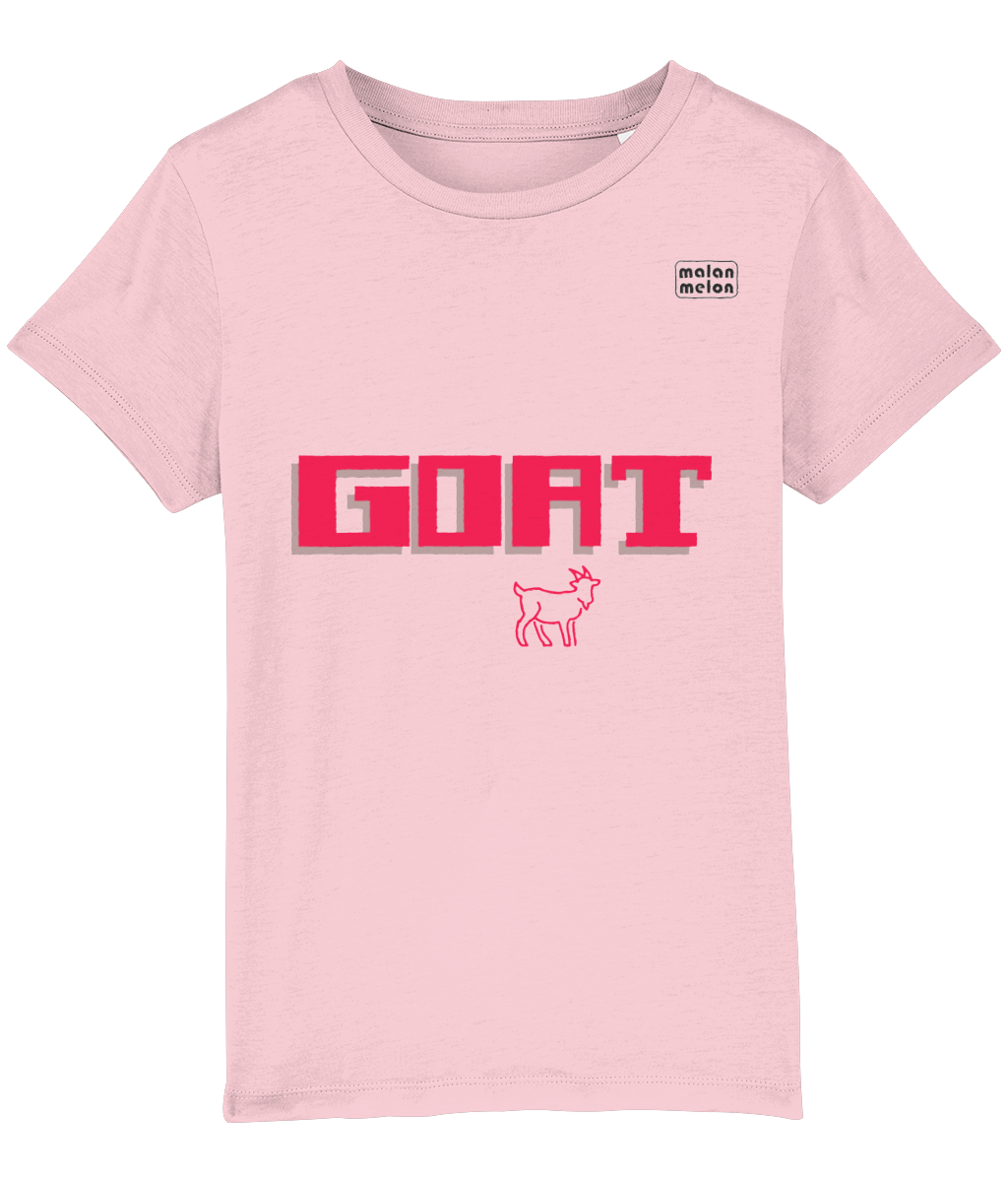 malanmelon - Kids T-Shirt – Organic Cotton – GOAT Slogan – Cerise on Multi-Colours