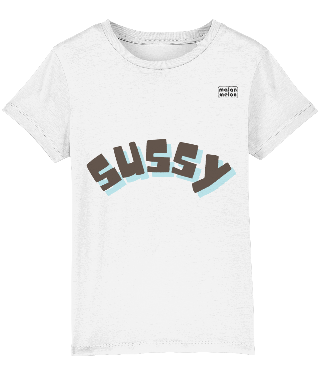 malanmelon - Kids T-Shirt – Organic Cotton – Sussy Slogan - Dark Grey on Multi-Colours