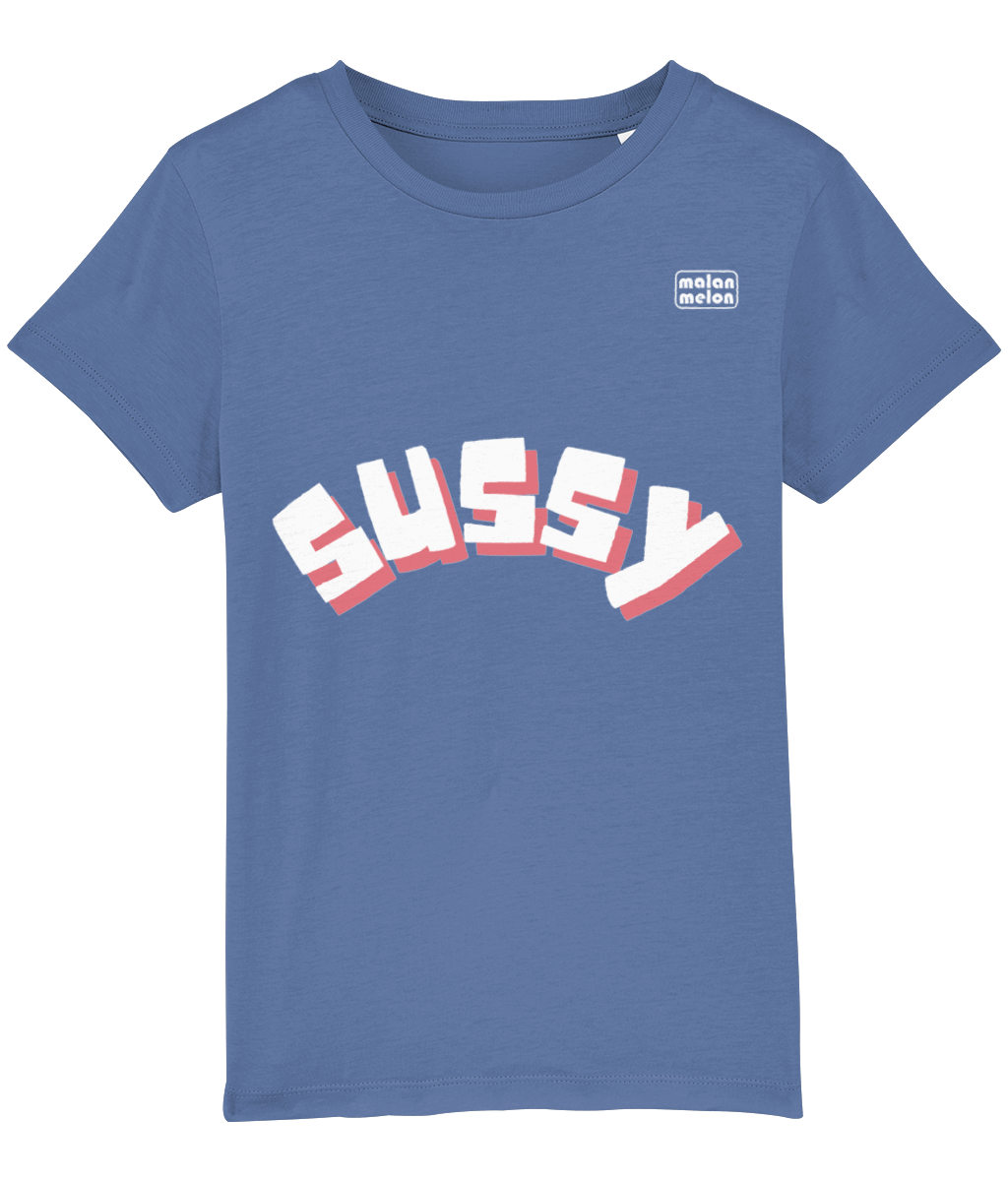 malanmelon - Kids T-Shirt – Organic Cotton – Sussy Slogan - White on Multi-Colours